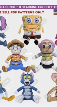 I Can Crochet - Grace - Stacking toys Buzzlightyear,  Donald duck, Jerry, Spong Bob, Stitch plush, Tom, Woody, Pink Panther